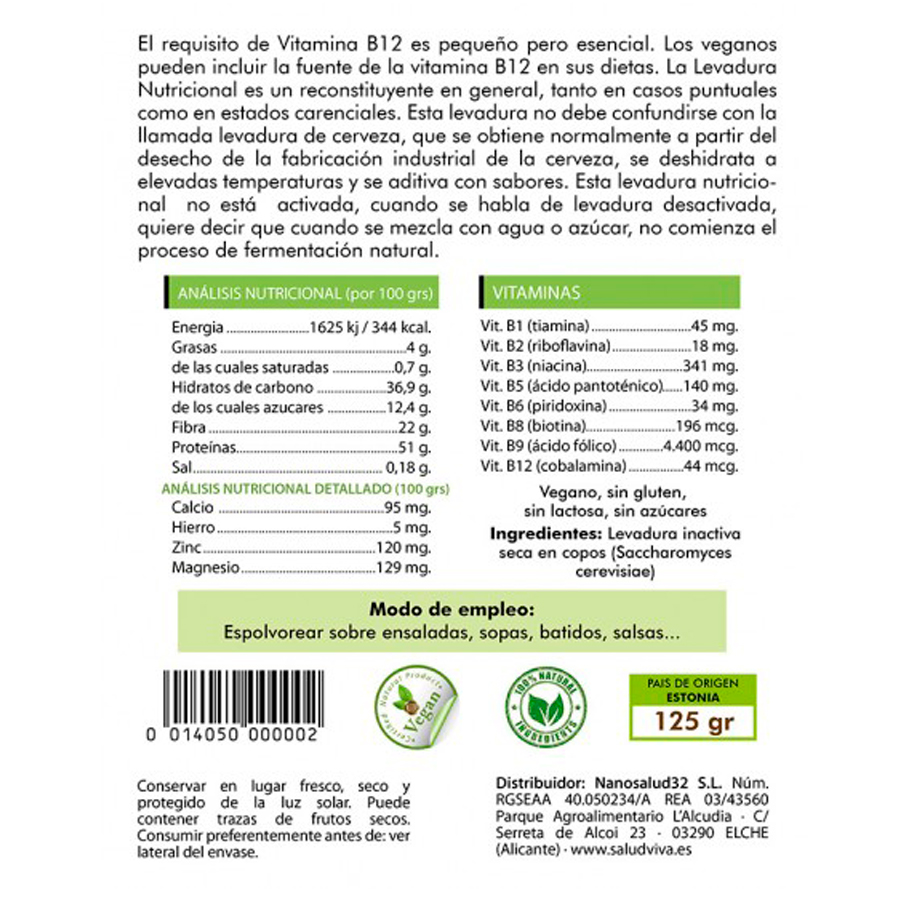 Levadura Nutricional con Vitamina B12, 125 g.