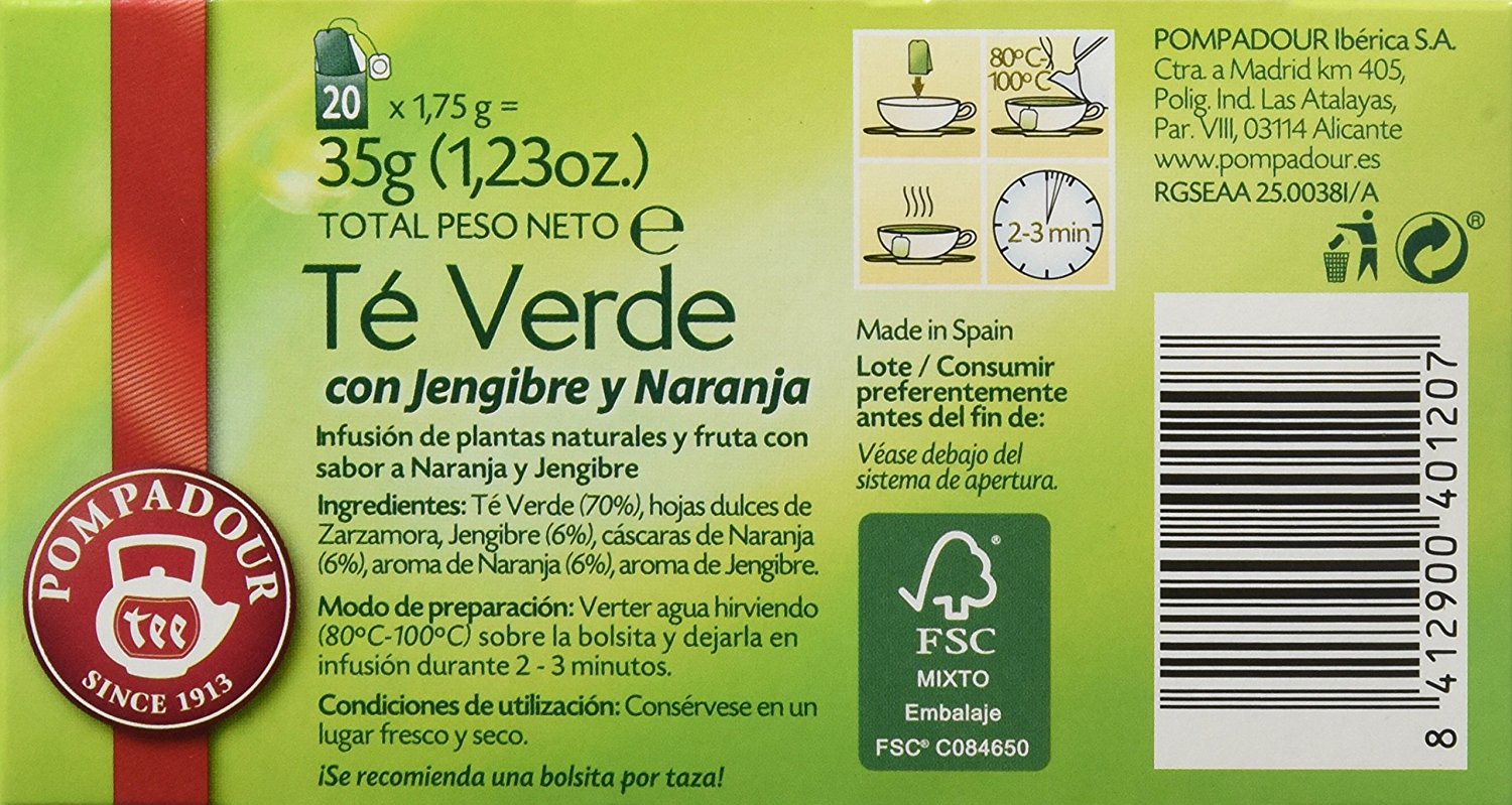 Té Verde con Jengibre y Naranja, 20 bolsitas IN